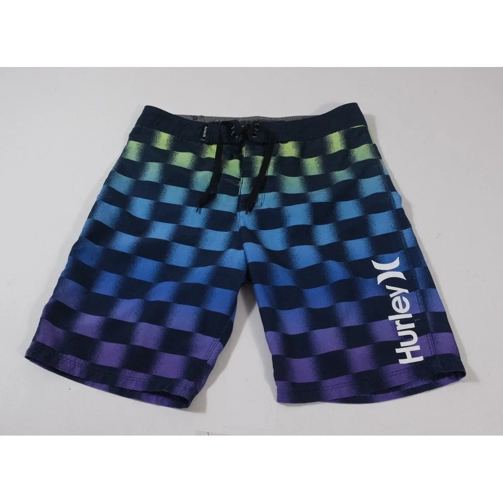 Hurley Board Shorts Boys 12 Multicolor‎ Gradient Checkerboard Swim Trunks Logo